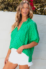 Load image into Gallery viewer, Green Flower Embroidered Hollow-out Puff Sleeve Blouse
