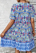 Load image into Gallery viewer, Sky Blue Bohemian Print Tie Neck Ruffle Hem Short Dress
