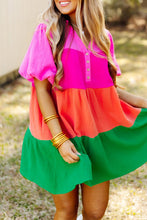 Load image into Gallery viewer, Color Block Tiered Puff Sleeve Dress
