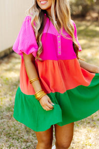 Color Block Tiered Puff Sleeve Dress