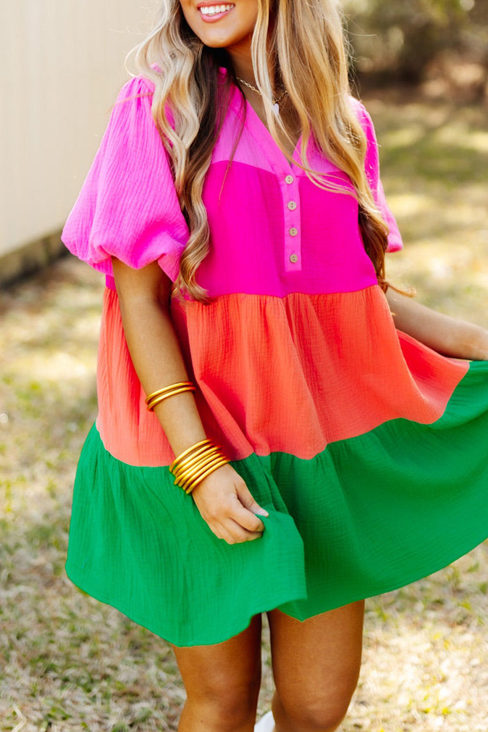 Color Block Tiered Puff Sleeve Dress