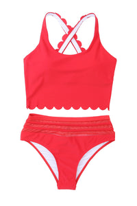 Red Scalloped Criss Cross High Waist Bikini