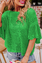 Load image into Gallery viewer, Green Pointelle Knit Scallop Edge Short Sleeve Top
