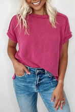 Load image into Gallery viewer, Rose Red Textured Knit Exposed Stitching T-shirt
