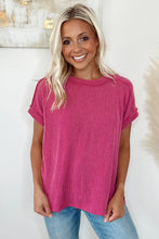 Load image into Gallery viewer, Rose Red Textured Knit Exposed Stitching T-shirt
