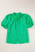 Load image into Gallery viewer, Green Flower Embroidered Hollow-out Puff Sleeve Blouse
