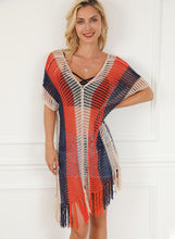 Load image into Gallery viewer, Multicolor Striped Tassel Crochet V Neck Beach Cover Up
