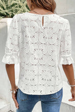 Load image into Gallery viewer, White Flower Eyelet Jacquard Keyhole Flounce Sleeve Top
