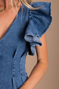 Denim Ruffle Sleeve Romper