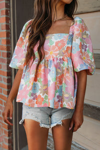 Floral Puff Sleeve Square Neck Babydoll Top