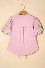 Load image into Gallery viewer, Pink Floral Embroidered Puff Sleeve Split Neck Blouse
