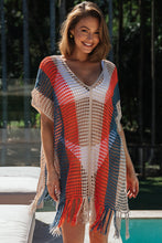 Load image into Gallery viewer, Multicolor Striped Tassel Crochet V Neck Beach Cover Up
