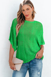 Green Pointelle Knit Scallop Edge Short Sleeve Top