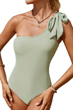 Load image into Gallery viewer, Green Knotted One Shoulder One-piece Swimsuit
