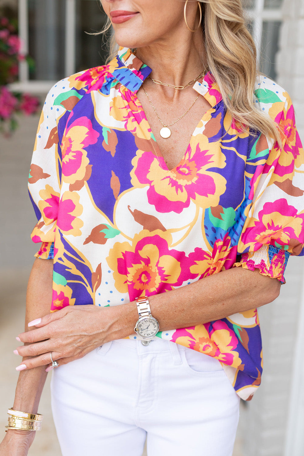 Floral Fantasy Bubble Sleeve Blouse