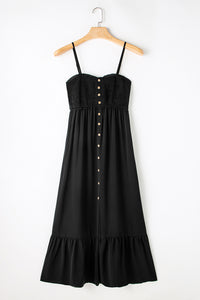 Black Spaghetti Straps Smocked Front Slit Buttoned Dress