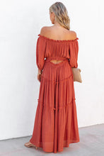 Load image into Gallery viewer, Orange Off Shoulder Balloon Sleeve Cutout Ruffled Maxi Dress
