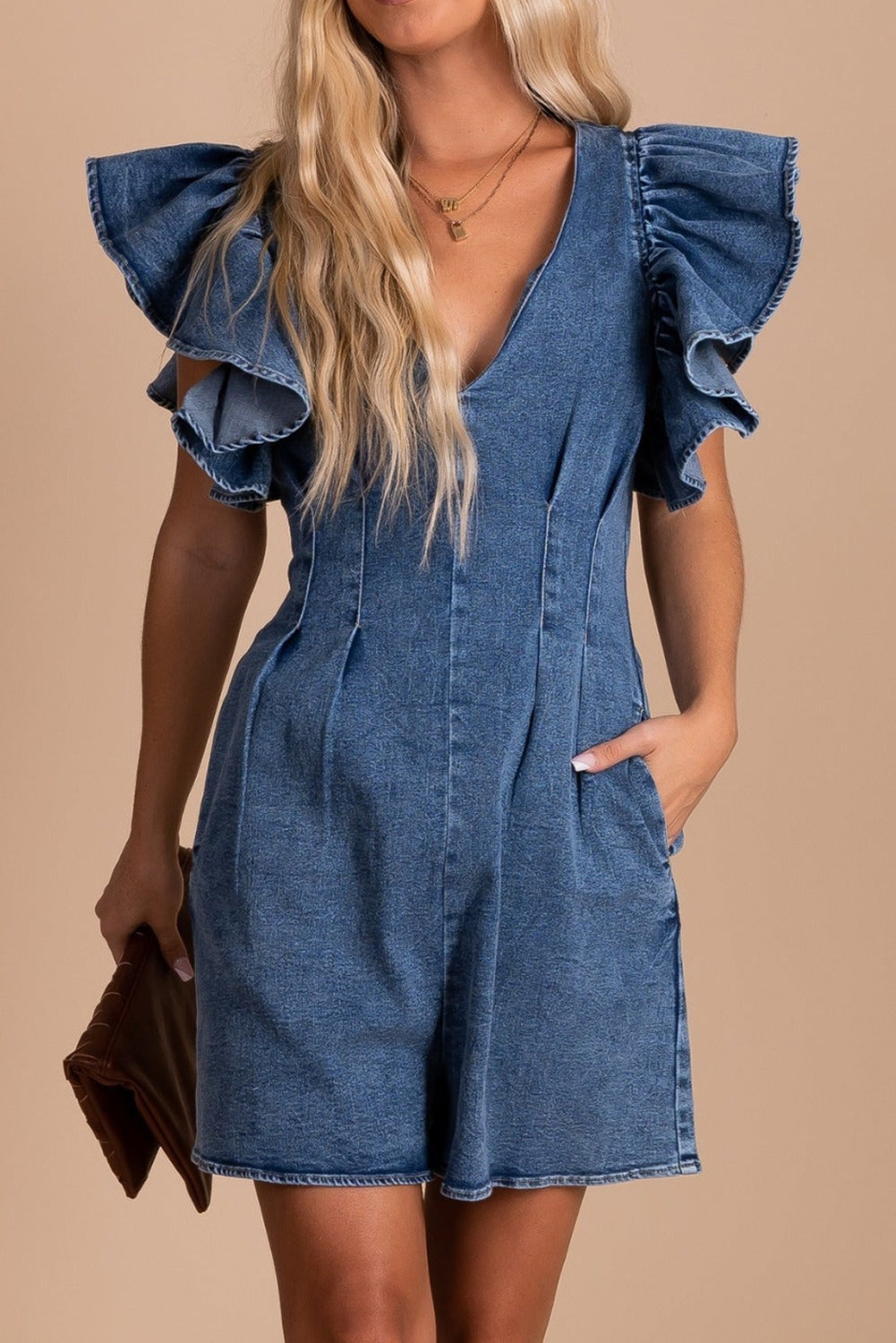 Denim Ruffle Sleeve Romper