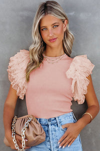 Pink Dot Mesh Ruffle Knit Top