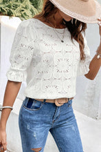 Load image into Gallery viewer, White Flower Eyelet Jacquard Keyhole Flounce Sleeve Top
