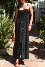 Load image into Gallery viewer, Black Spaghetti Straps Smocked Front Slit Buttoned Dress
