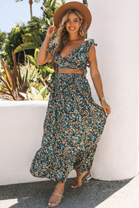 Green Floral Crop Top and Maxi Skirt Set