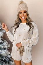 Load image into Gallery viewer, White Plush Star Pattern Long Sleeve Pullover and Shorts Lounge Set
