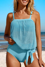 Load image into Gallery viewer, Turquoise Striped Mesh Knotted Hem Tankini Swimsuit
