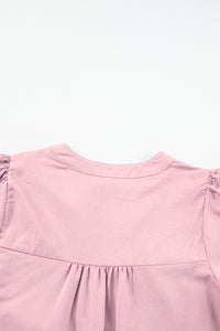 Pink Floral Embroidered Puff Sleeve Split Neck Blouse