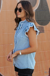 Ruffled Frayed Denim Top