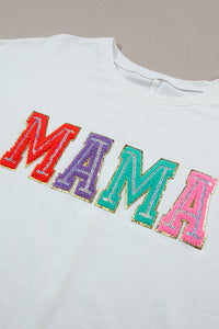 White MAMA Chenille Patched Crew Neck T Shirt