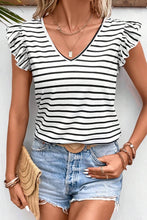 Load image into Gallery viewer, White Stripe Butterfly Sleeve V Neck Hollowed Knot Back T Shirt
