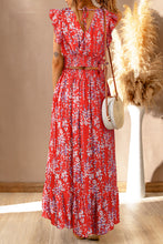 Load image into Gallery viewer, Red Floral Ruffled Crop Top and Maxi Skirt Set
