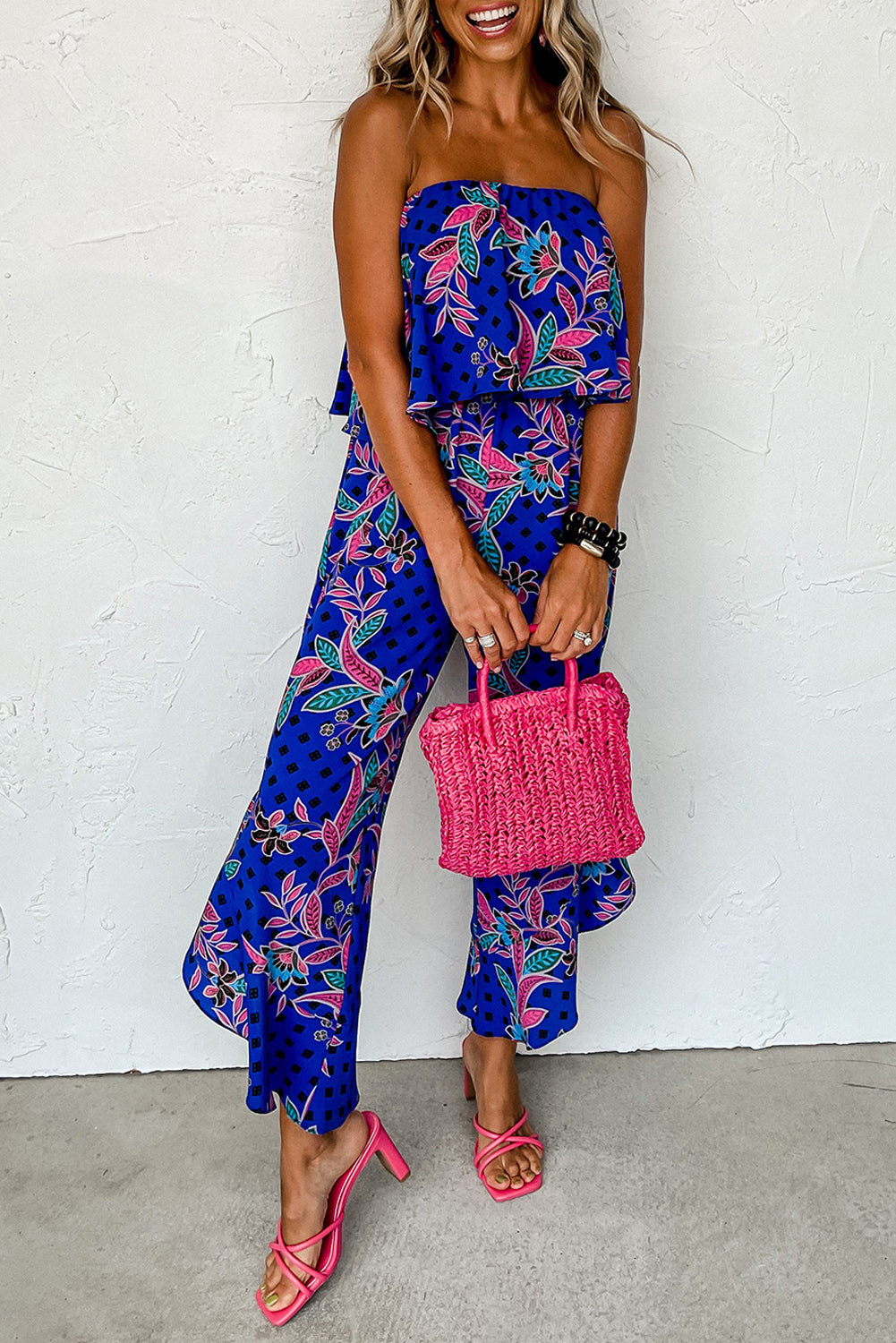 Tropical Strapless Ruffled Jumpsuit