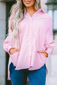 Pink Boyfriend Shirt with Pockets and Ruched Cuffs