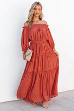 Load image into Gallery viewer, Orange Off Shoulder Balloon Sleeve Cutout Ruffled Maxi Dress
