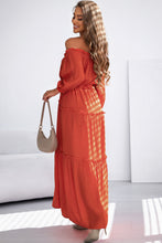 Load image into Gallery viewer, Orange Off Shoulder Balloon Sleeve Cutout Ruffled Maxi Dress
