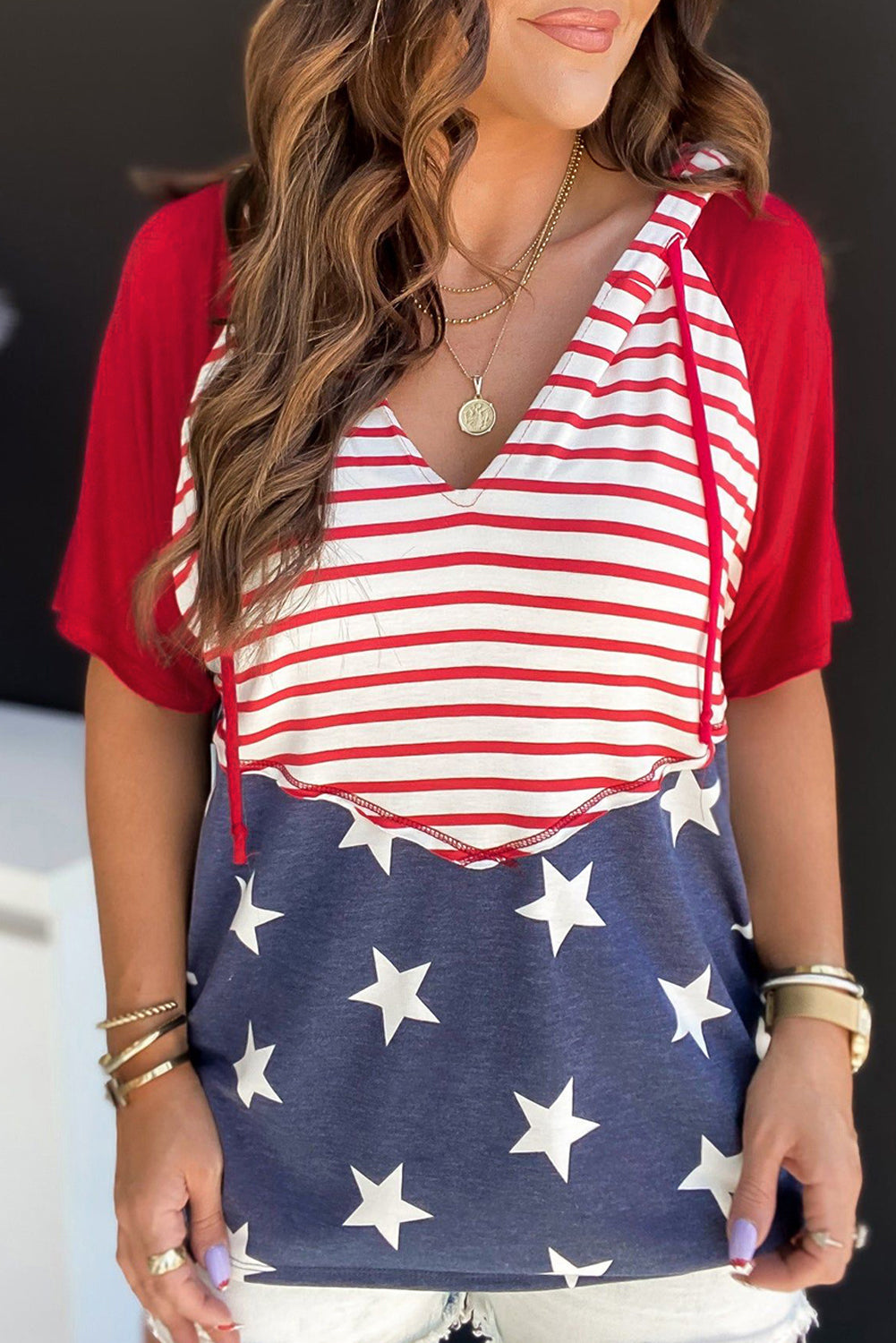 Stars and Stripes Print Drawstring Hooded T Shirt