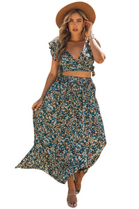 Green Floral Crop Top and Maxi Skirt Set