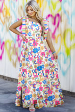 Load image into Gallery viewer, Rose Red Striped Trim Self-tie Straps Floral Maxi Dress
