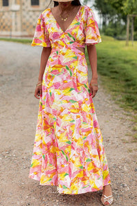 Flutter Sleeve Cut out Floral Maxi Dress