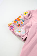 Load image into Gallery viewer, Pink Floral Embroidered Puff Sleeve Split Neck Blouse
