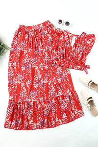 Red Floral Ruffled Crop Top and Maxi Skirt Set