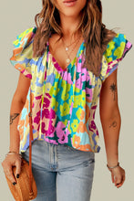 Load image into Gallery viewer, Multicolour Leopard Flutter Sleeve V Neck Crinkled Blouse
