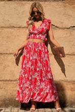 Load image into Gallery viewer, Red Floral Ruffled Crop Top and Maxi Skirt Set
