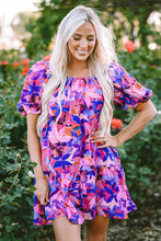 Load image into Gallery viewer, Purple Flower Print Short Puff Sleeve Ruffled Dress
