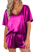 Load image into Gallery viewer, Satin V Neck Tee and Drawstring Shorts Set
