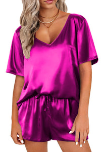 Satin V Neck Tee and Drawstring Shorts Set