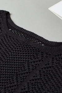 Black Pointelle Knit Scallop Edge Short Sleeve Top