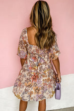 Load image into Gallery viewer, Khaki Floral Short Sleeve Square Neck Mini Dress

